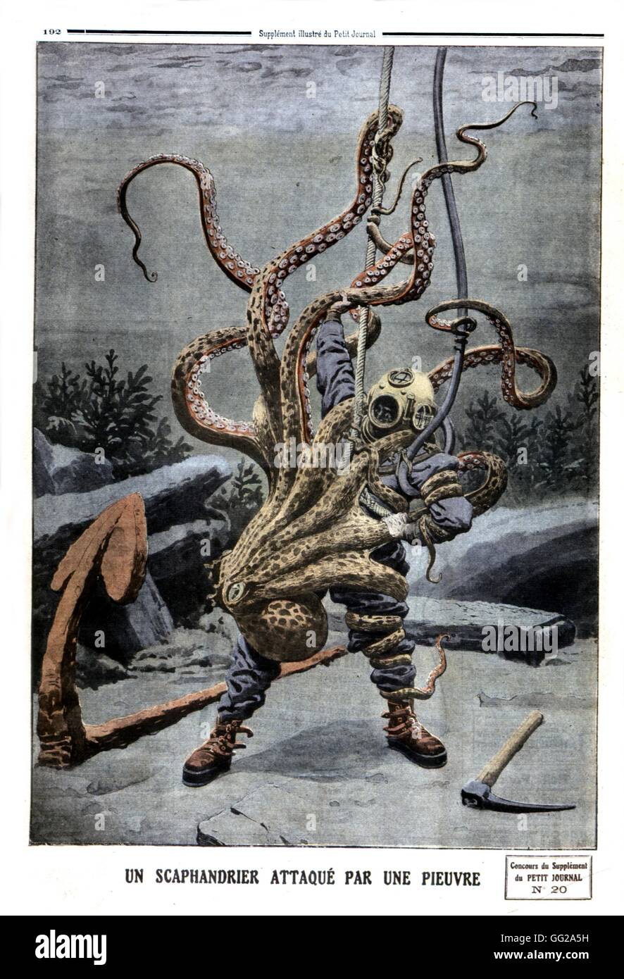 Ein Tiefsee Taucher angegriffen durch einen Oktopus, in "Le Petit Journal" Magazin Anfang des 20. Jahrhunderts Frankreich Stockfoto