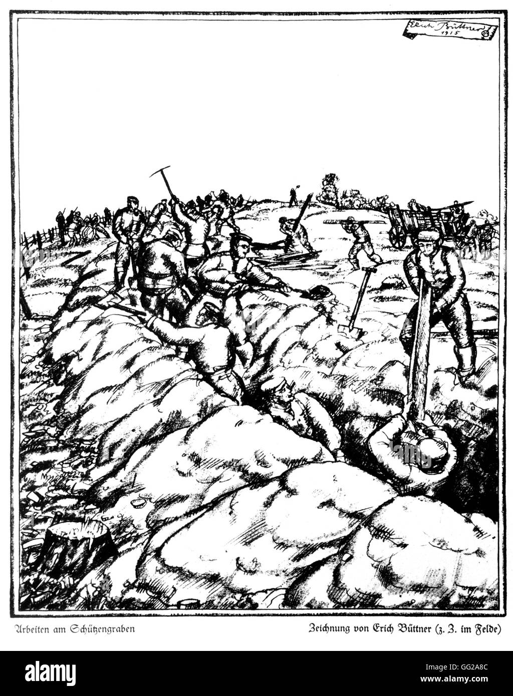 Zeichnung von Erich Büttner in "Wreland" Soldaten in den Schützengräben 1915-1916 Deutschland - World War I B.D.I.C. arbeiten Stockfoto