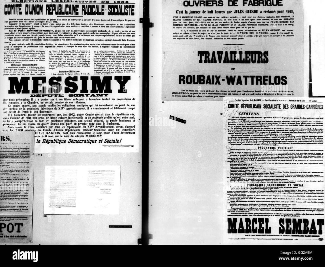 1906-Wahlen-Plakate: radikale Sozialisten und Sozialdemokraten Kandidaten 1906 in Paris. Archives nationales Stockfoto