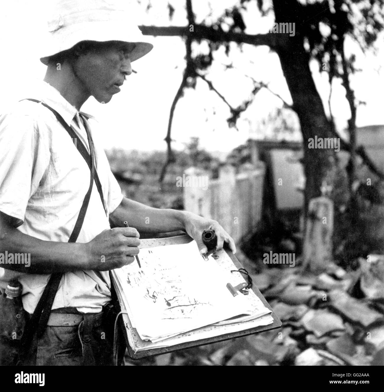 Japaner machen eine Skizze der verwüsteten Stadt Hiroshima 20. Jahrhundert Archive Japan National. Washington Stockfoto