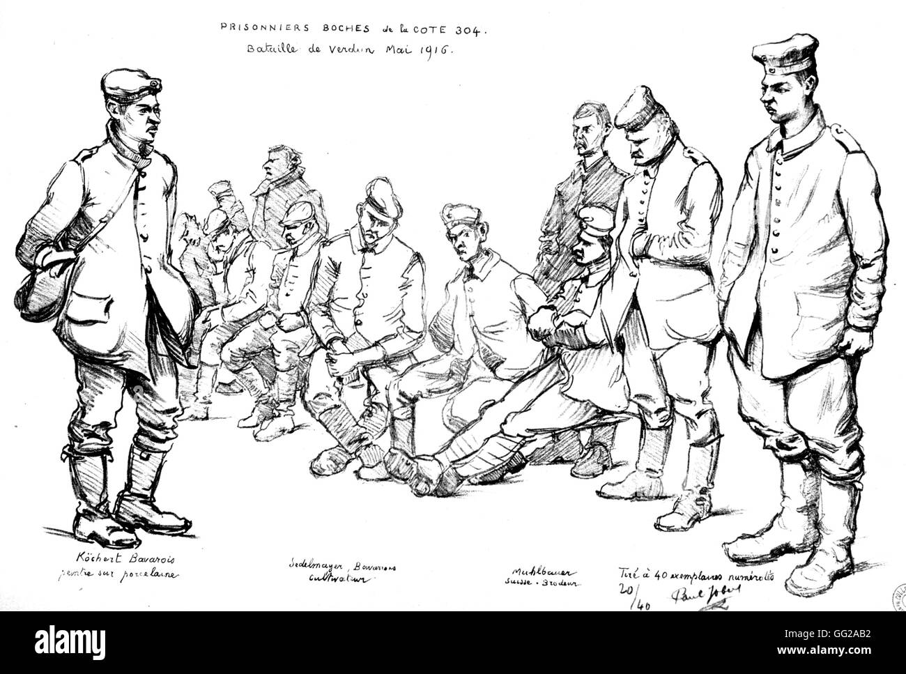 Deutsche Kriegsgefangene der Küste 304 während der Schlacht um Verdun. Zeichnung von Paul Jobert. Mai 1916 Frankreich - Weltkrieg Vincennes. Kriegsmuseum Stockfoto