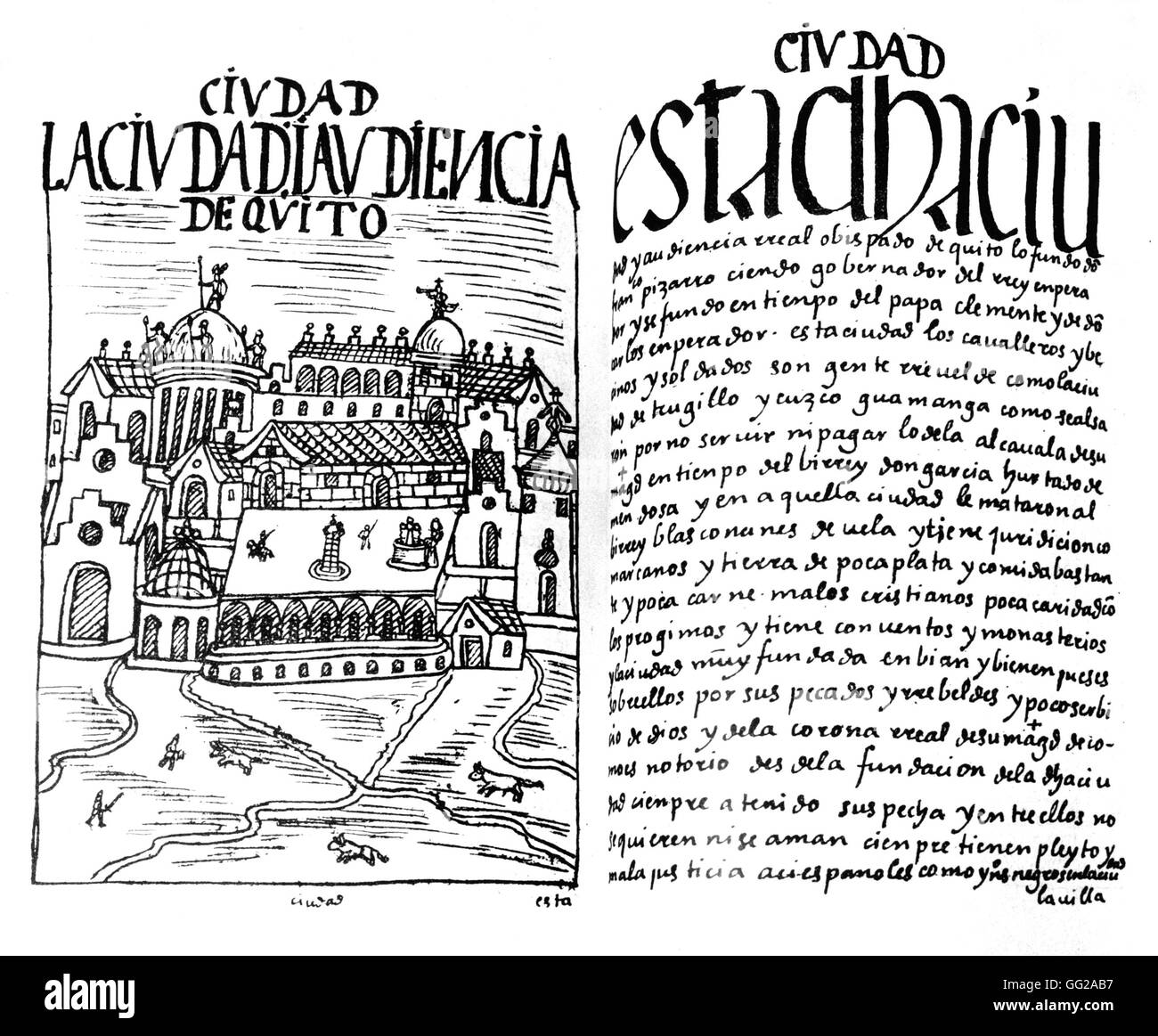 Chroniken der Huamande Poma de Ayala: Ansicht der Stadt Quito. Peruanische Manuskript aus dem 16. Jahrhundert Peru Stockfoto