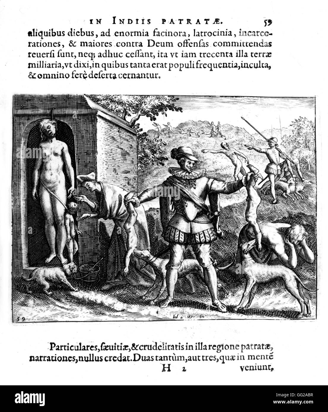 Kupferstich von Theodor de Bry Bartholomé de Las Casas. Die Crualty der spanischen Männern gegenüber den amerikanischen Eingeborenen 1598 Stockfoto