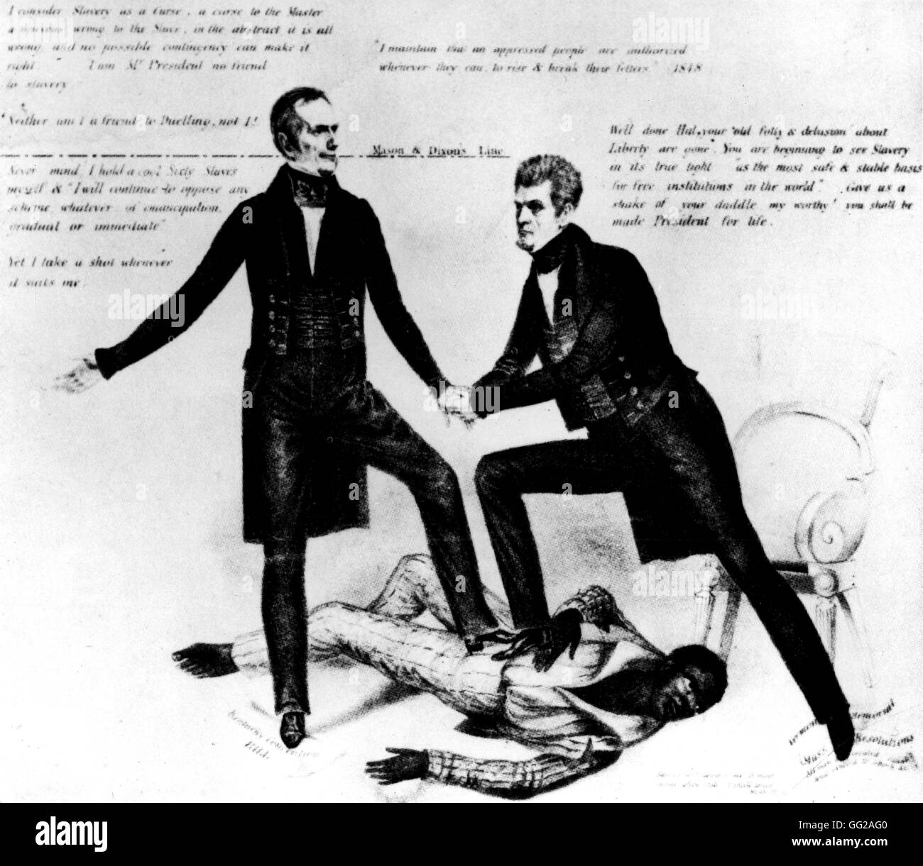 Karikatur zeigt Henri Clay (auf der linken Seite) und John D. Calhoum (rechts) stehend auf einem zerkleinerten schwarzen Mann 1839 Vereinigte Staaten Stockfoto