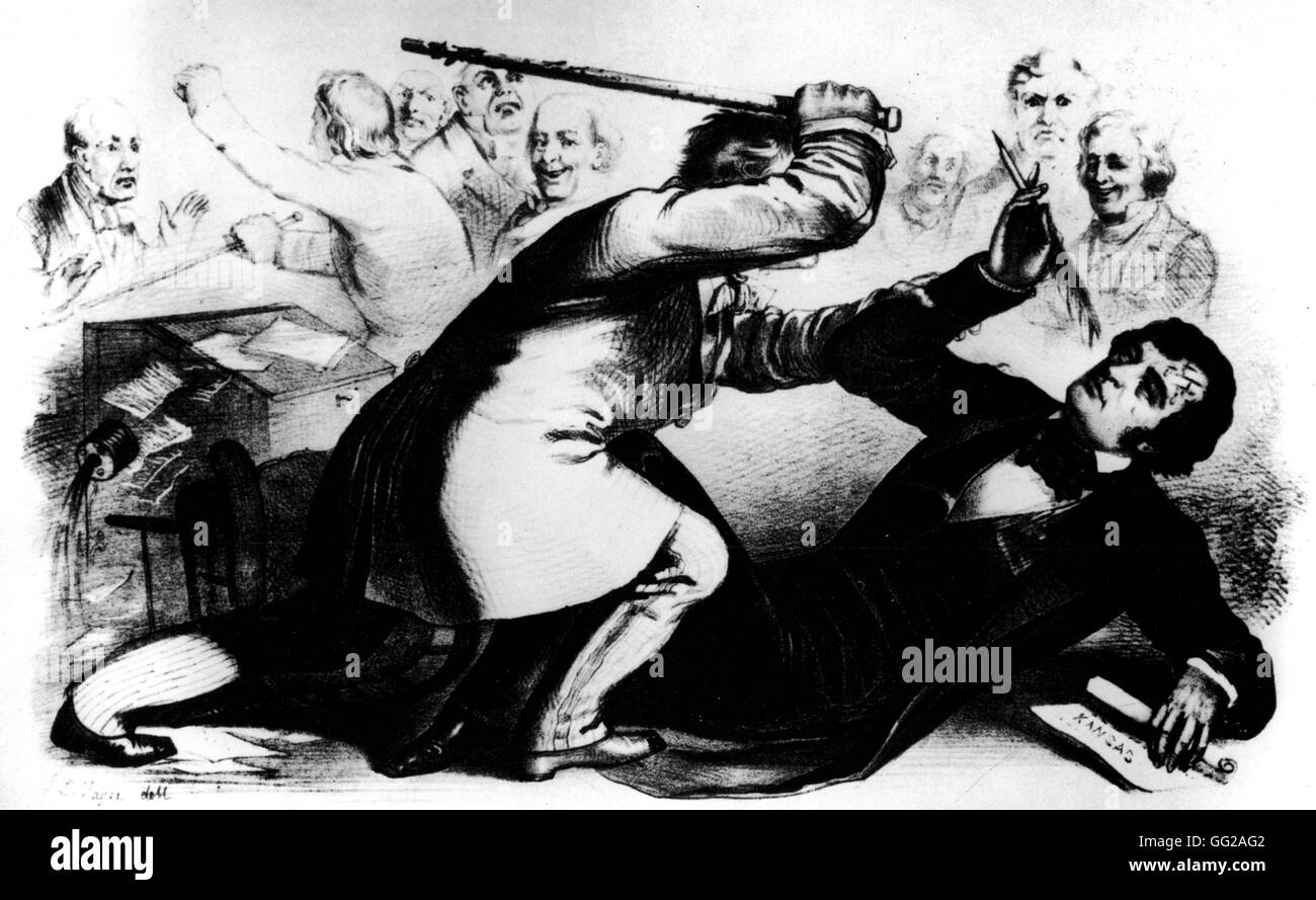Lithographie zeigt des Vertreters von South Carolina, NordPestons Bach, Kampf gegen Charles Sumner, Massachusetts für seine Rede Angriff auf pro-Sklaverei Kräfte 1856-USA Stockfoto