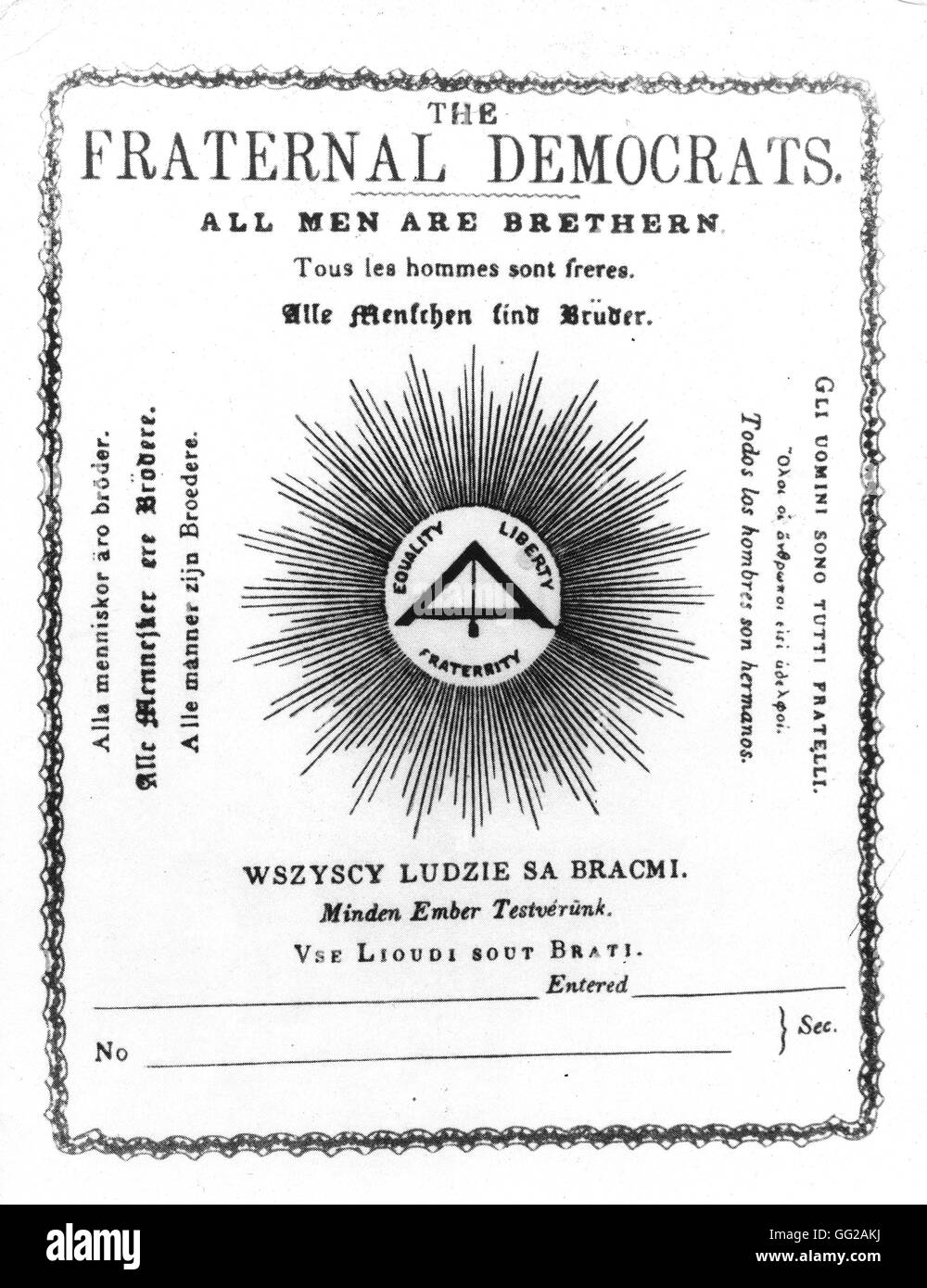 Beitrittsformular für den Verein "Die brüderlichen Demokraten", gegründet unter dem Einfluss von MArx und Engels 1845-Vereinigtes Königreich-Karl-Marx-Haus Stockfoto