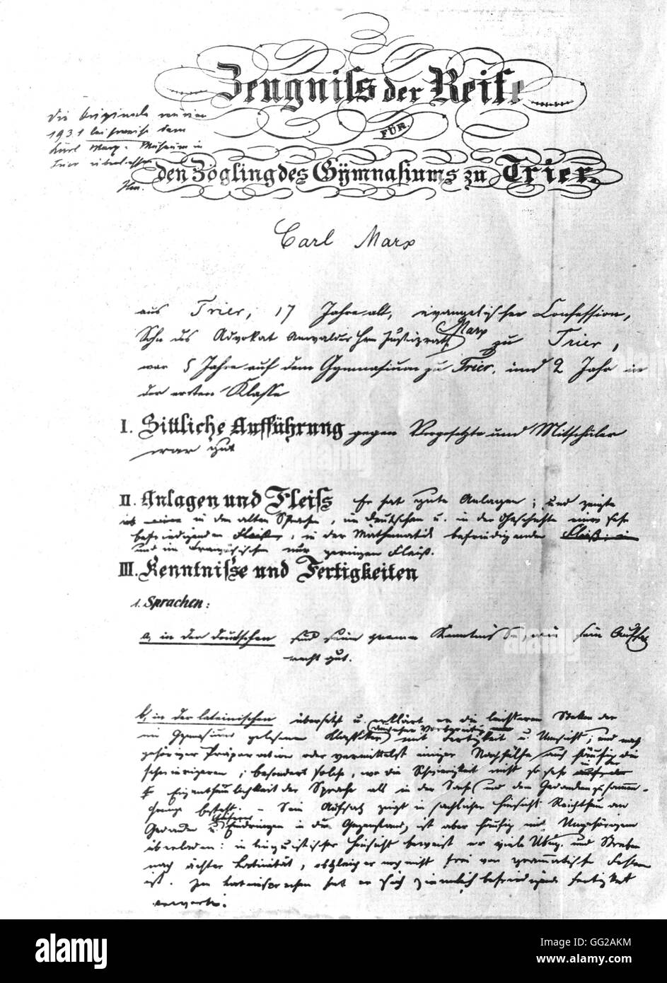 Diplom von Karl Marx 1835-Deutschland-Karl-Marx-Haus Stockfoto