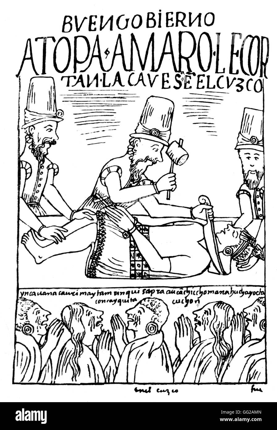 Chroniken von Huaman von Poma de Ayala: spanische Männer eine Inka-Kopf abschneiden. Unten, Inkas Weinen. Peruanische Manuskript aus dem 16. Jahrhundert Peru Stockfoto
