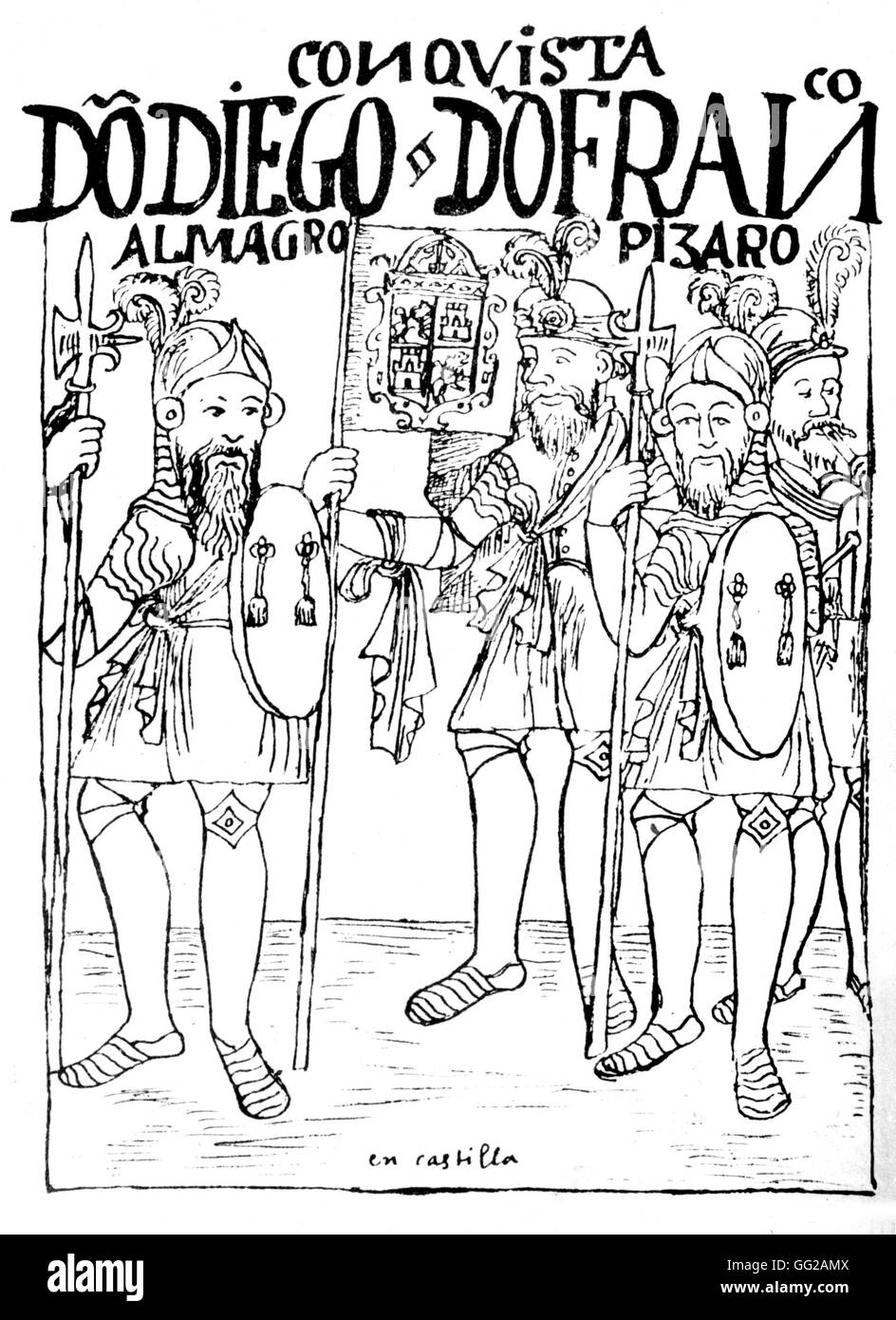 Chroniken von Huaman von Poma de Ayala: Almagro und Pizarro de Kastilien. Peruanische Manuskript aus dem 16. Jahrhundert Peru Stockfoto