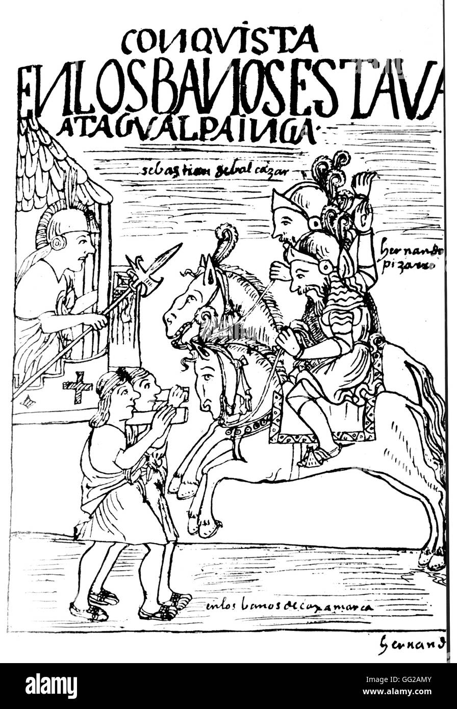Chroniken von Huaman von Poma de Ayala: Fernando Pizarro die Inkas zu bekämpfen. Peruanische Manuskript aus dem 16. Jahrhundert Peru Stockfoto