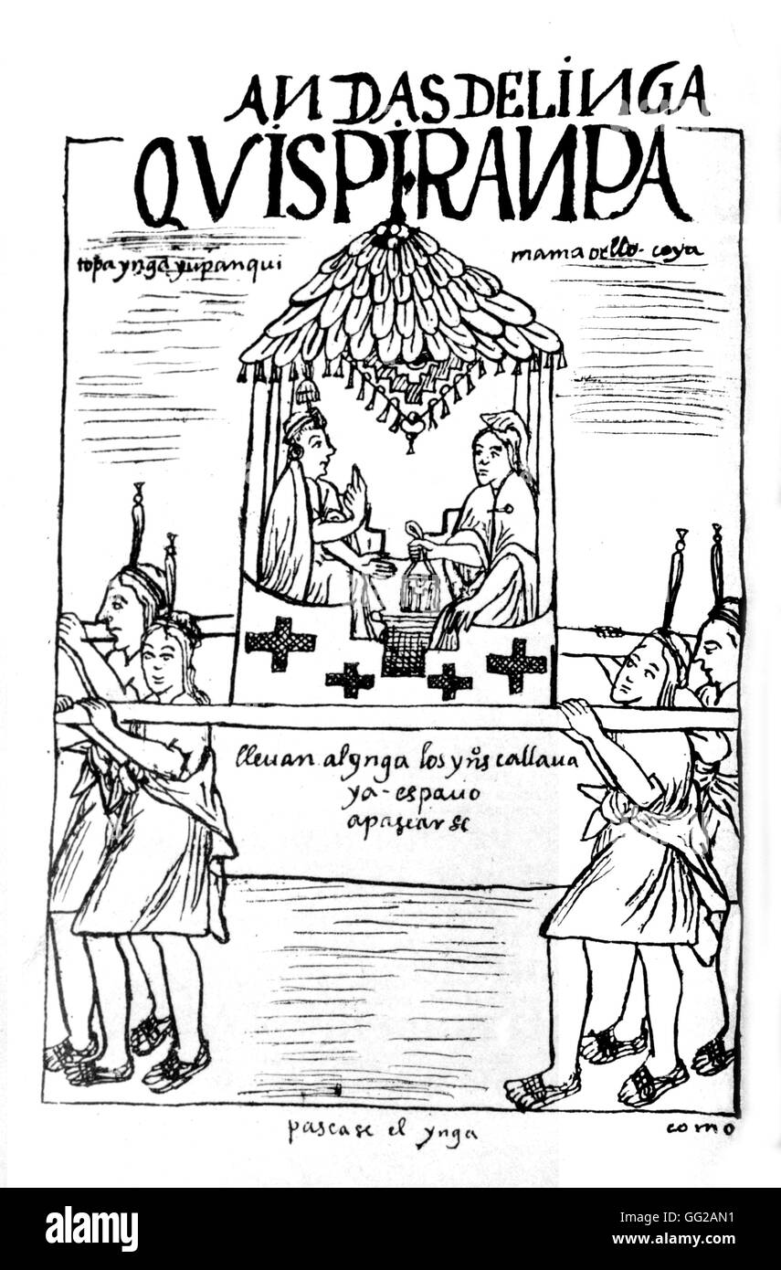 Chroniken von Huaman von Poma de Ayala: Bett für Inka. Peruanische Manuskript aus dem 16. Jahrhundert Peru Stockfoto