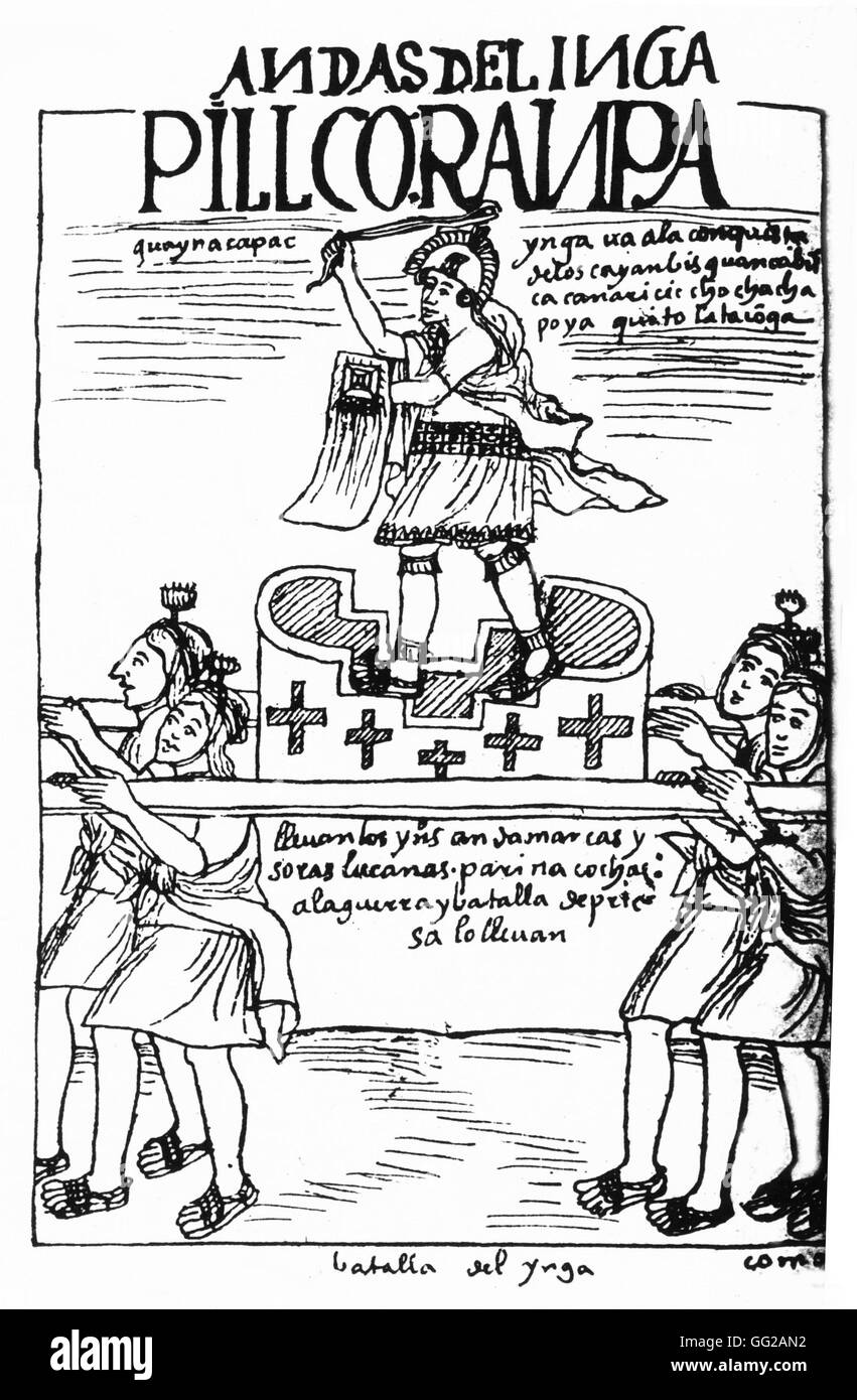 Chroniken von Huaman von Poma de Ayala: Chief Inka in die Schlacht gehen. Peruanische Manuskript aus dem 16. Jahrhundert Peru Stockfoto