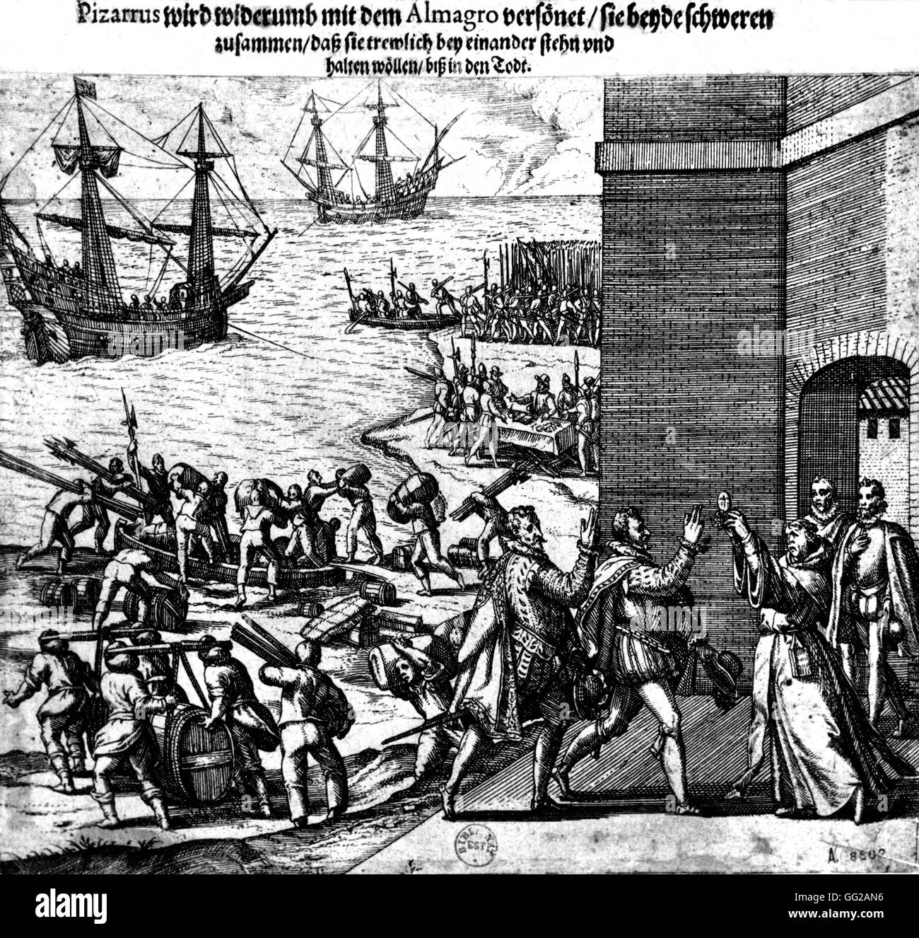 Pizarro und Almagro, Eid auf dem Allerheiligsten am 12 Juni 1535 / Gravieren von Theodore de Bry.  16. Jahrhundert in Amerika Stockfoto