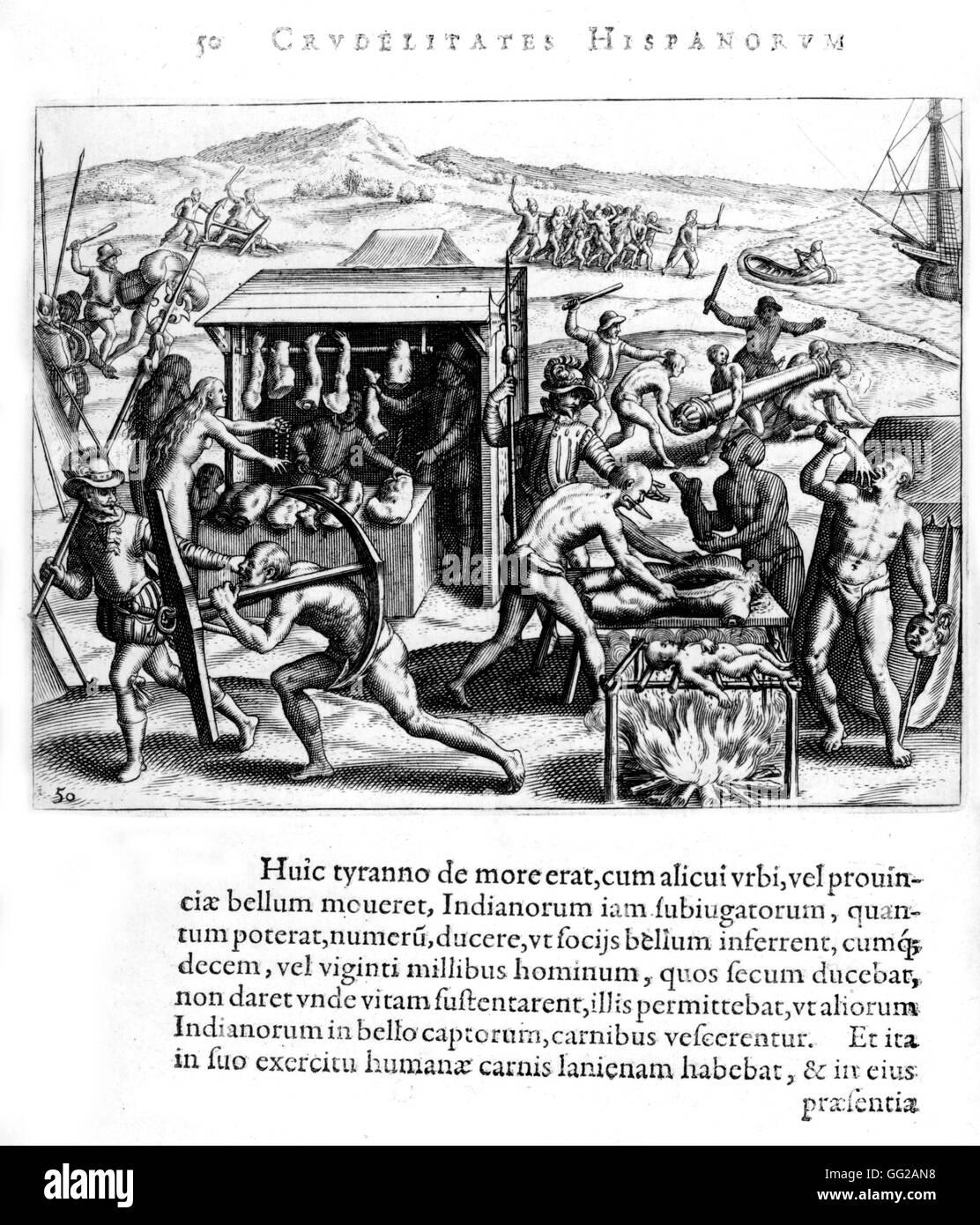 Kupferstich von Theodor de Bry Bartholomé de Las Casas. Die Crualty der spanischen Männer in Amerika 1598 Stockfoto