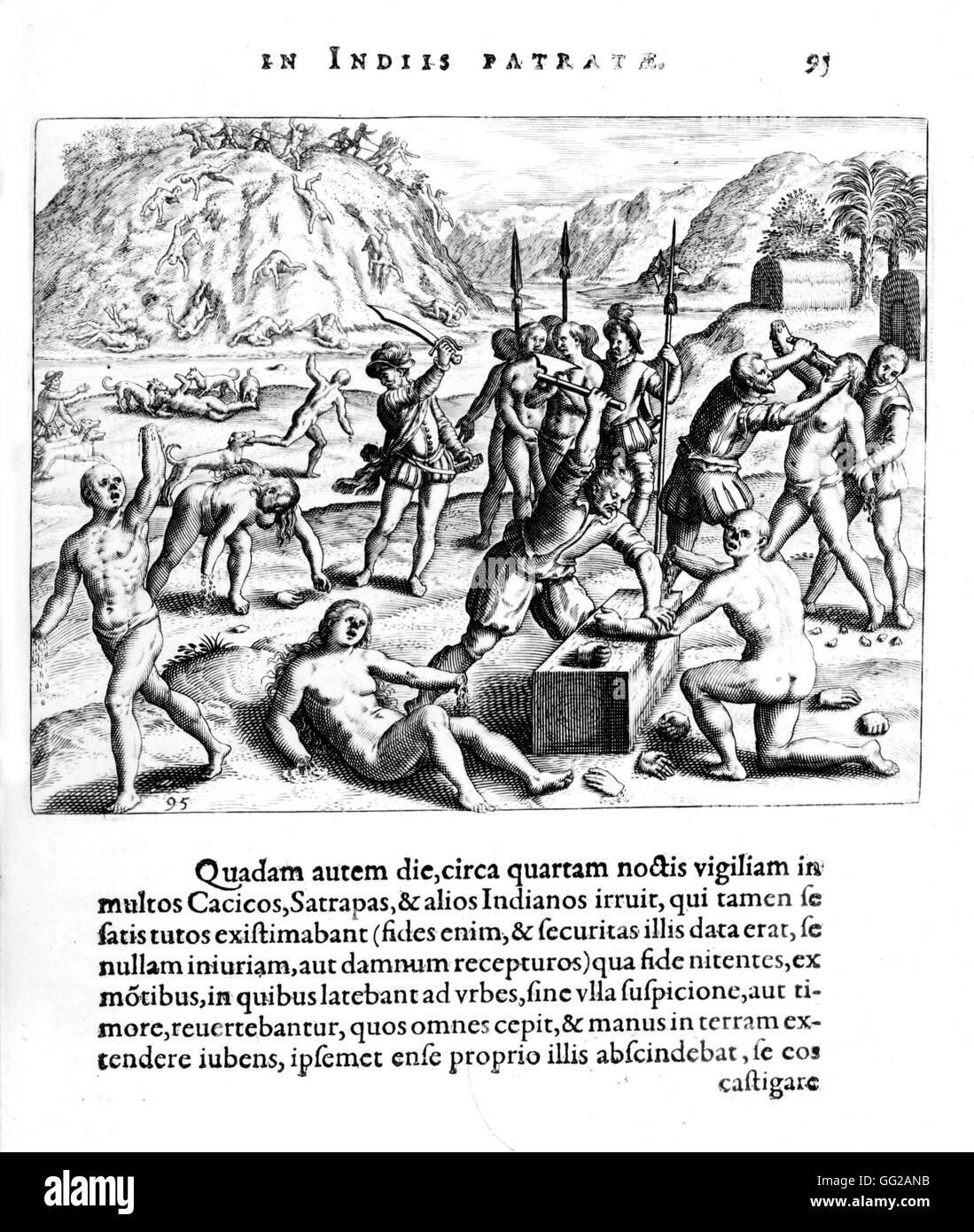 Kupferstich von Théodore de Bry Bartholomé de Las Casas. Die Grausamkeit des spanischen Männer in Amerika 1598 1598 Stockfoto