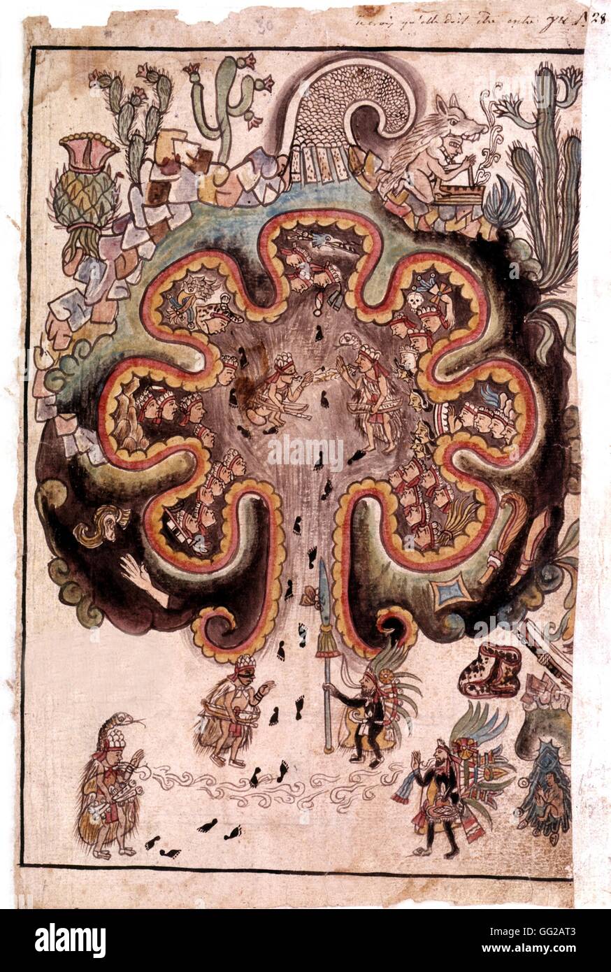 Tolteken Geschichte, mexikanische Manuskript Chitomatoc, ein Wallfahrtsort, wo verschiedene Gruppen der Nahuati Familie versammelt. Am Eingang, die zwei Toltec Häuptlinge. 16. Jahrhundert Mexiko Stockfoto