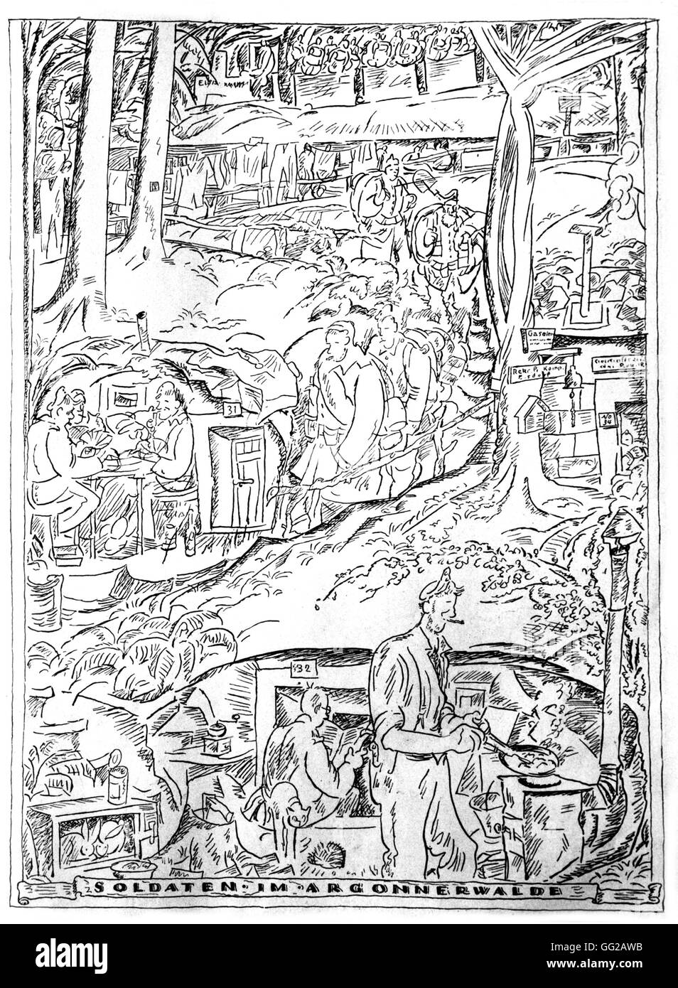 Zeichnung von F. Hesner im "Simplicissimus" deutsche Soldaten in den französischen Wald Argonnen 24. Oktober 1916 Frankreich - World War I B.D.I.C. Stockfoto