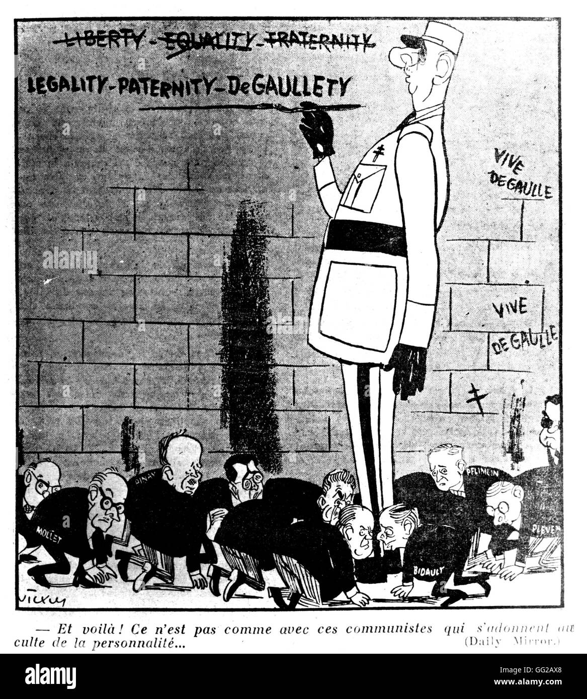 Karikatur von Vicky veröffentlicht in F.O und: "das war's! Wir sind nicht wie die Kommunisten, die Menschen anbeten 4. Juni 1958 in Paris, Bibliothèque Nationale Stockfoto