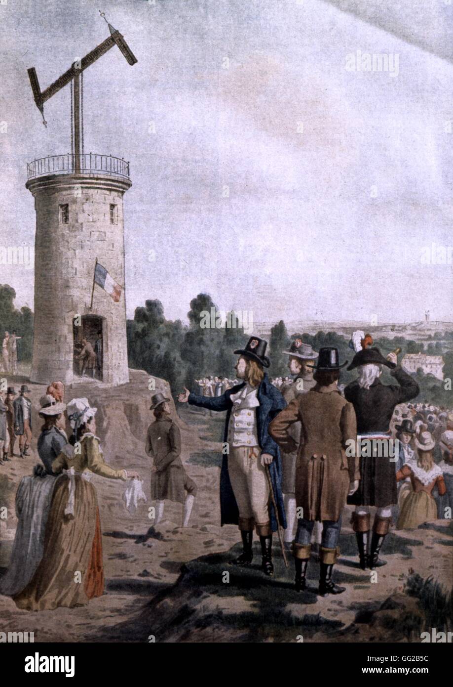 Gravur Tribut zur Erfindung des Telegrafen von Claude Chappe, 12. Juli 1793, in "Le Petit Journal" 1901 Frankreich Edouard Rousseau Sammlung Stockfoto