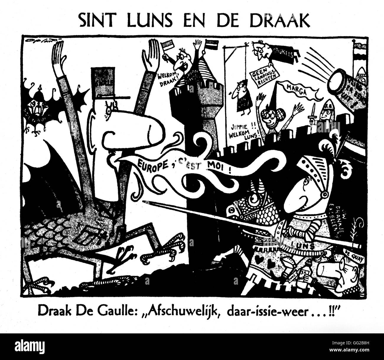 Karikatur: Ritter Luns mit Blick auf den Drachen De Gaulle 1958 Frankreich Privatsammlung Stockfoto