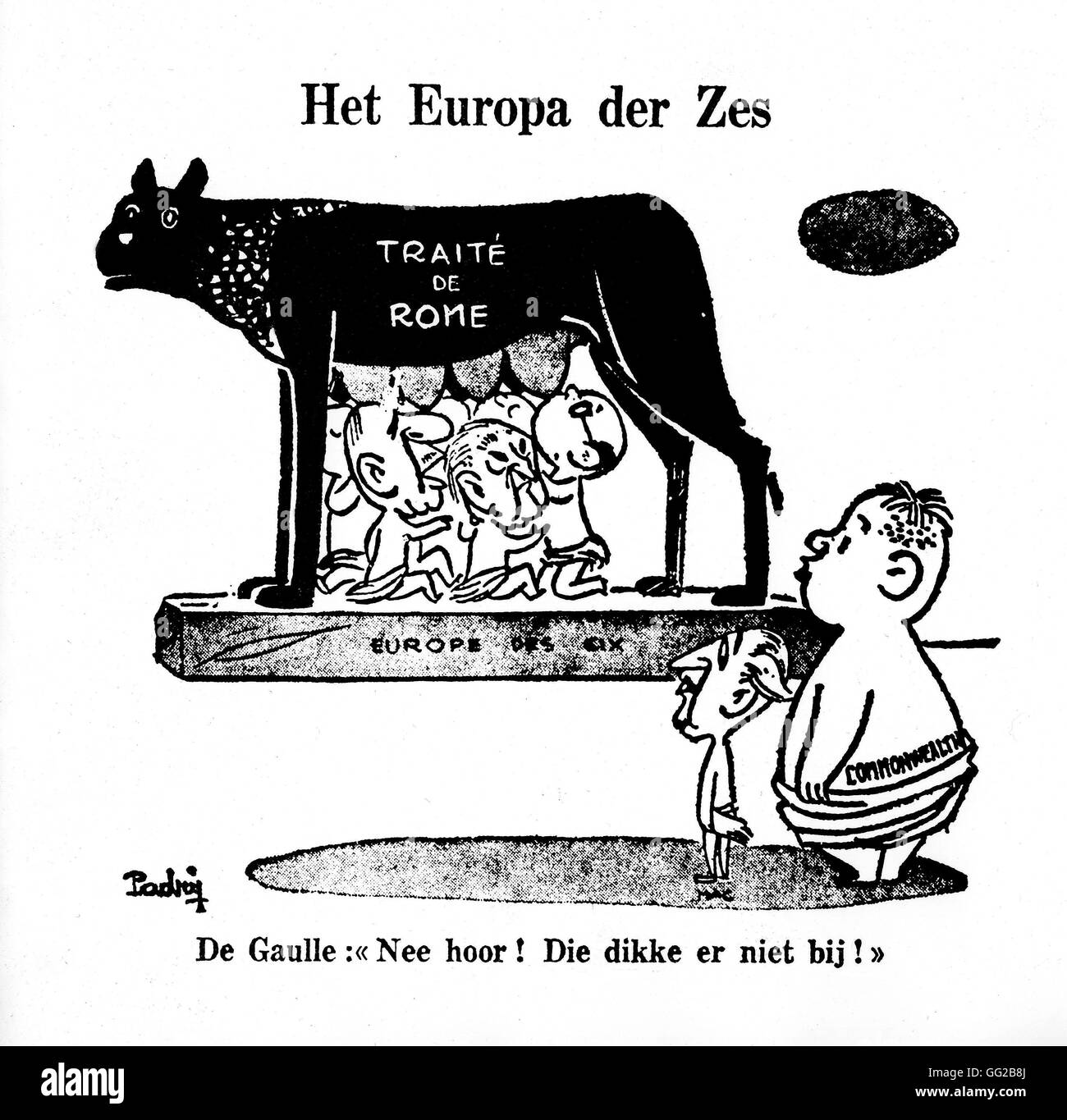 Karikatur von De Gaulle und den Vertrag von Rom (die sechs Mitgliedstaaten) in Richtung des Commonwealth 20. Jahrhundert Frankreich Privatsammlung Stockfoto