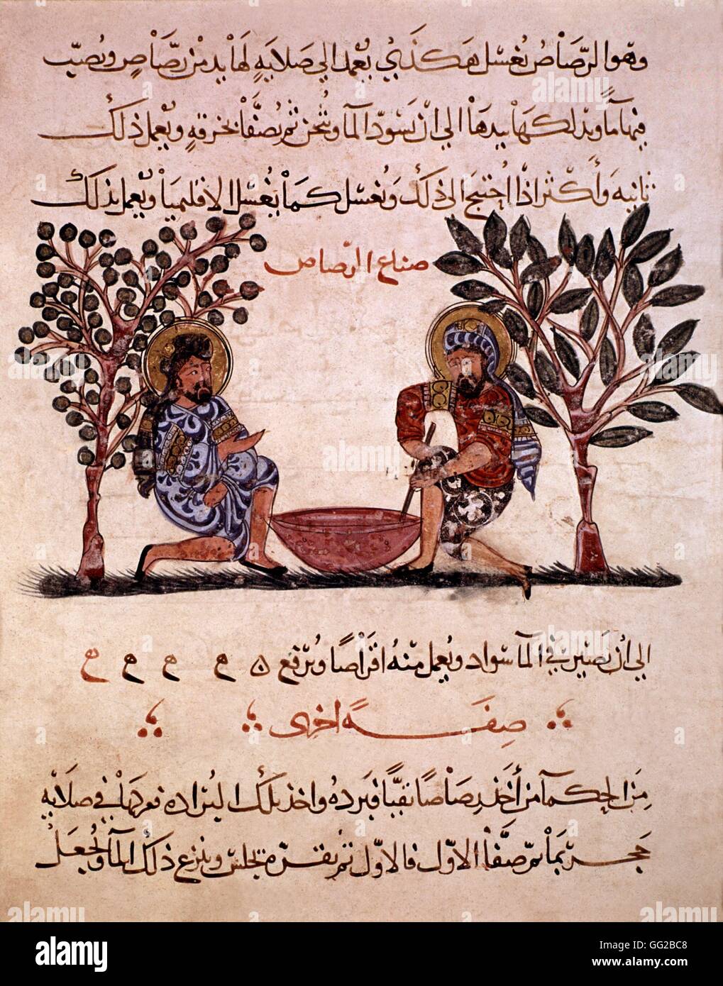 Arabische Ausgabe des Manuskripts "De Materia Medica" (Vertrag von Dioscoride): Vorbereitung von Blei. 16. Jahrhundert Paris, Musée Guimet Stockfoto