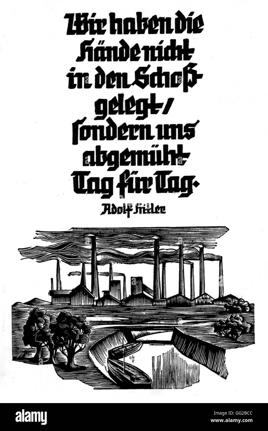 Almanach von Hitlers "Winter Charity Organisation" ausgestellt: Worte von Adolf Hitler: "Wir haben nicht mit unseren verschränkten Armen, wir Tag für Tag hart gearbeitet" 1939 Deutschland Stockfoto
