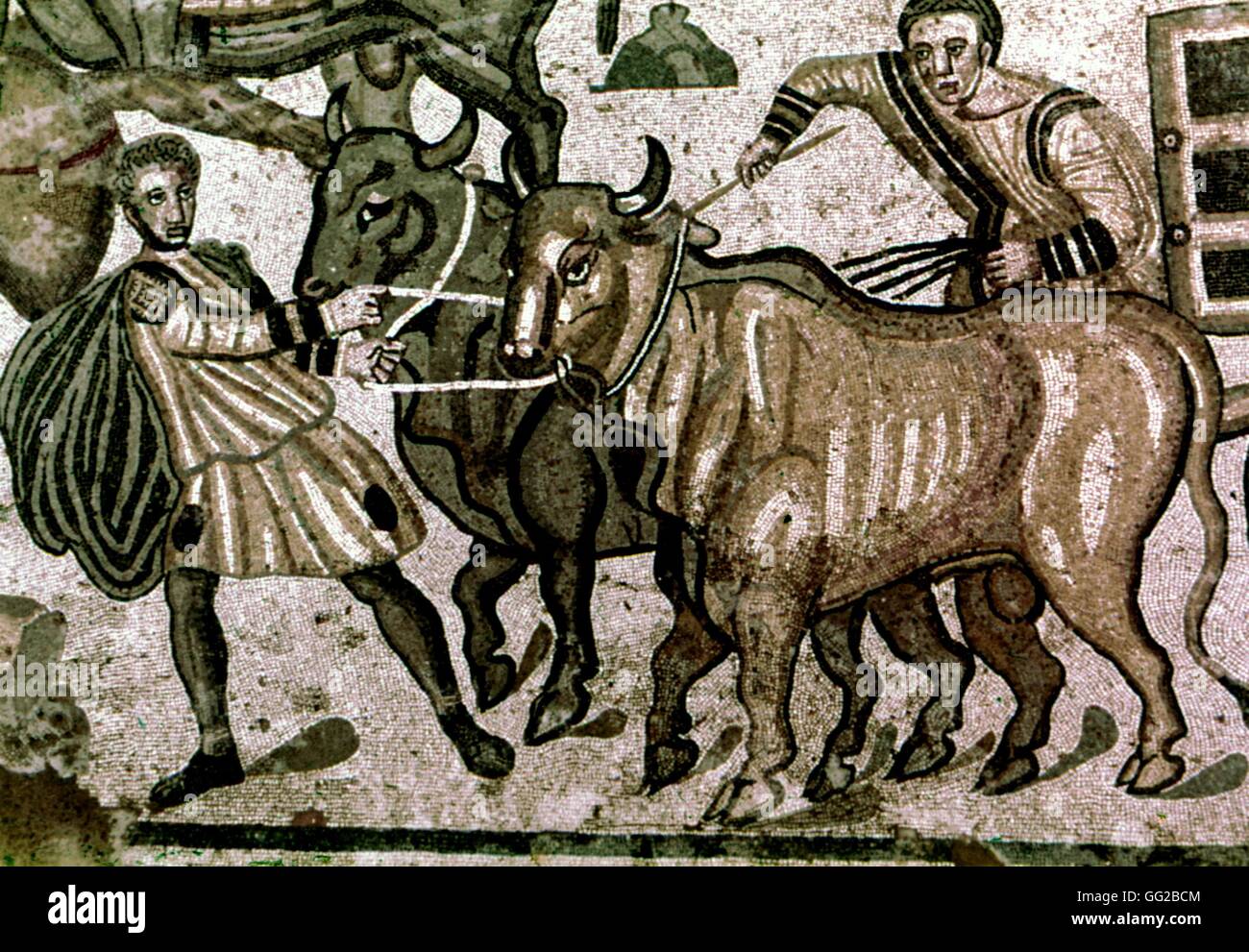 Römisches Mosaik von der Kaiservilla Pflügen Szene 3. und 4. Jahrhundert v. Chr. römische Kunst Piazza Armerina, Sizilien Stockfoto