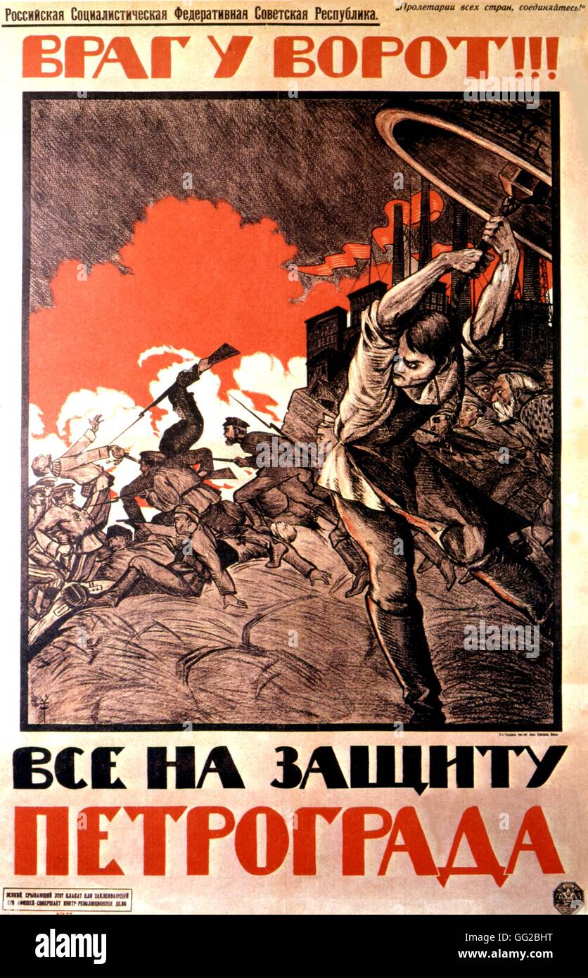 Propagandaplakat von Nikolaï Kochergin: "der Feind ist an der Tür der Stadt. Petrograd zu verteidigen ". 106 x 71 cm 1919 U.S.S.R. Stockfoto