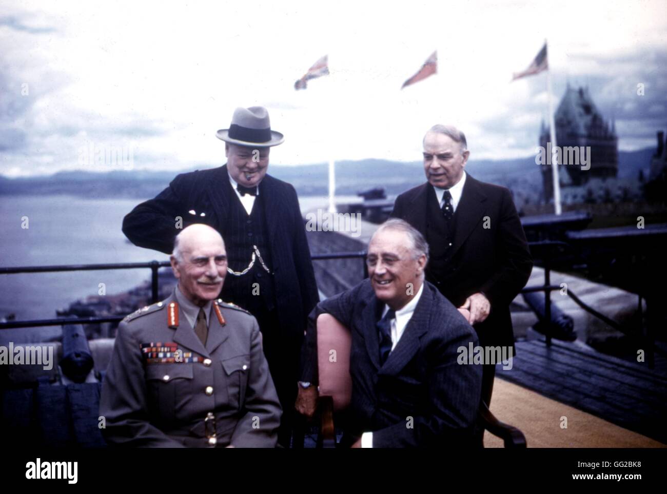 August 1943, Quebec Konferenz. Herrn Athlone (Generalgouverneur von Kanada), Winston Churchill, Präsident Roosevelt und Herr MacKensie King (kanadische Premierminister) August 1943 Kanada - Weltkrieg London. Imperial Kriegsmuseum Stockfoto