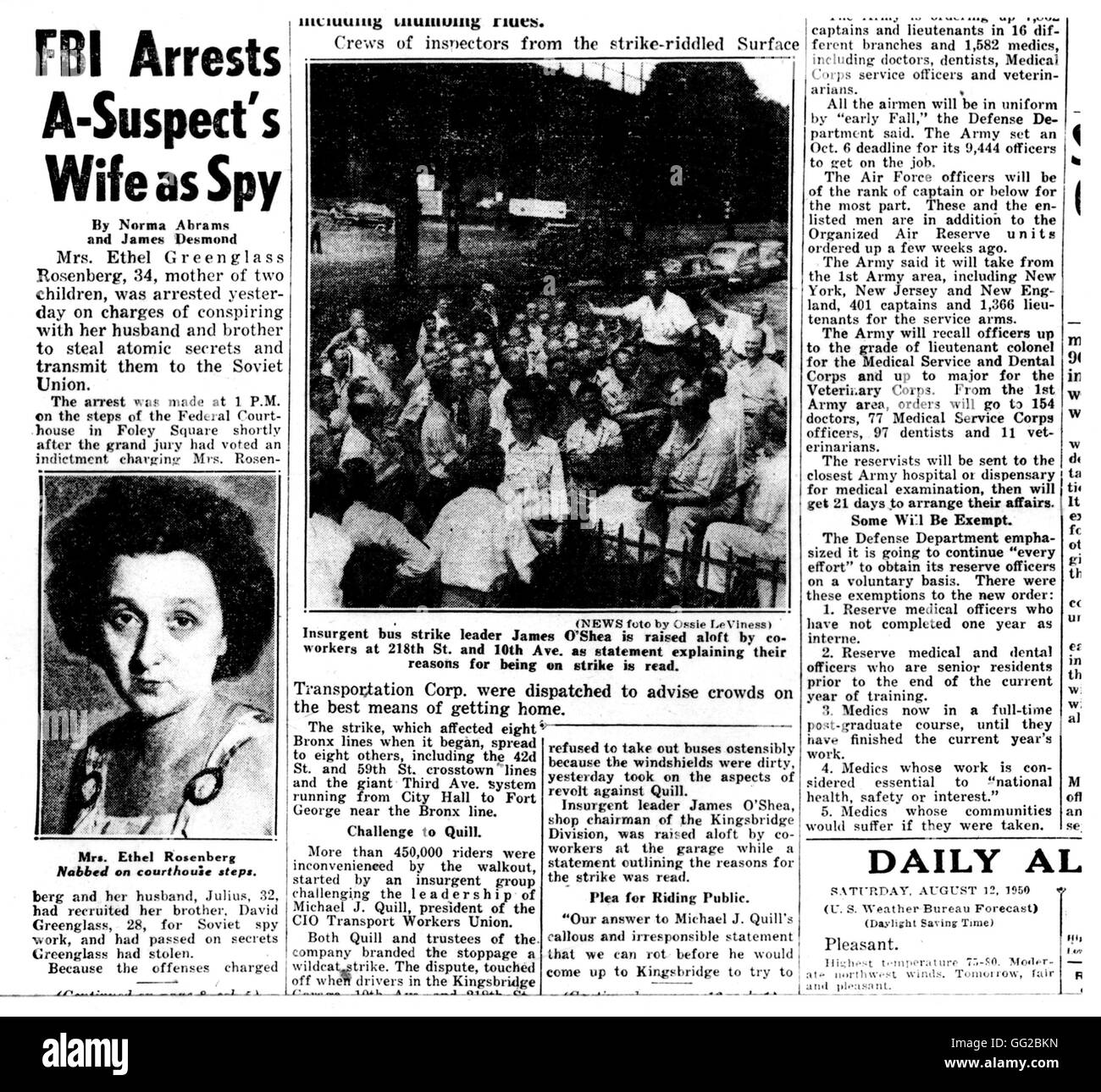 Verhaftung von Ethel Rosenberg, im Zusammenhang mit 11. August 1950, durch das FBI durch die New Yorker "Daily News" Vereinigte Staaten 1950 Stockfoto