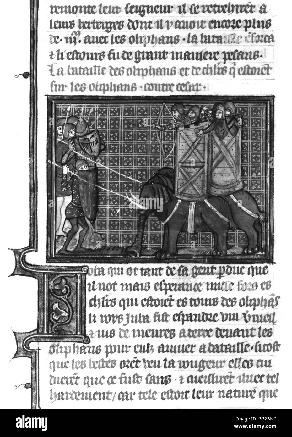 Miniatur, "Antiken römischen Geschichten" oder 'Book of Caesar': Caesars Armee konfrontieren die Elefanten 1364 Miniatur Stockfoto