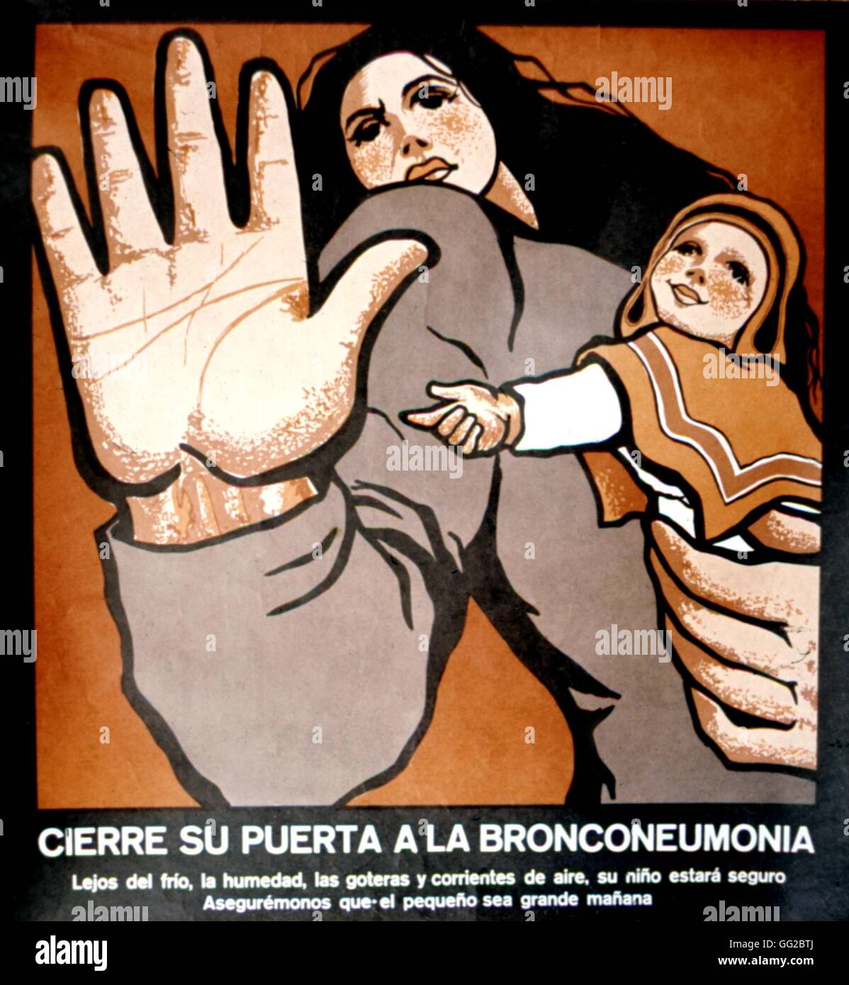 Plakatwerbung für die Verbesserung der Gesundheit, unter Allende-Regierung ausgestellt: "Schließen Sie die Tür zu Bronchopneumonie" c.1971/1972 Chile C.S.L.R.P.C. Stockfoto