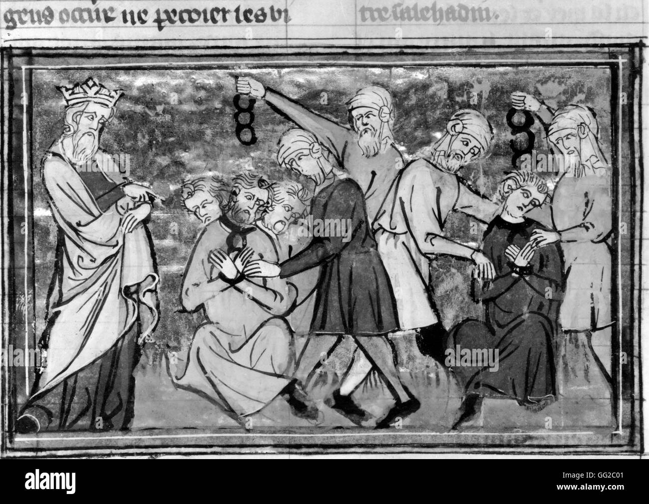 Die Romantik von Godefroy de Bouillon. Saladin stellt die Kreuzfahrer in Ketten 14. Miniatur Stockfoto
