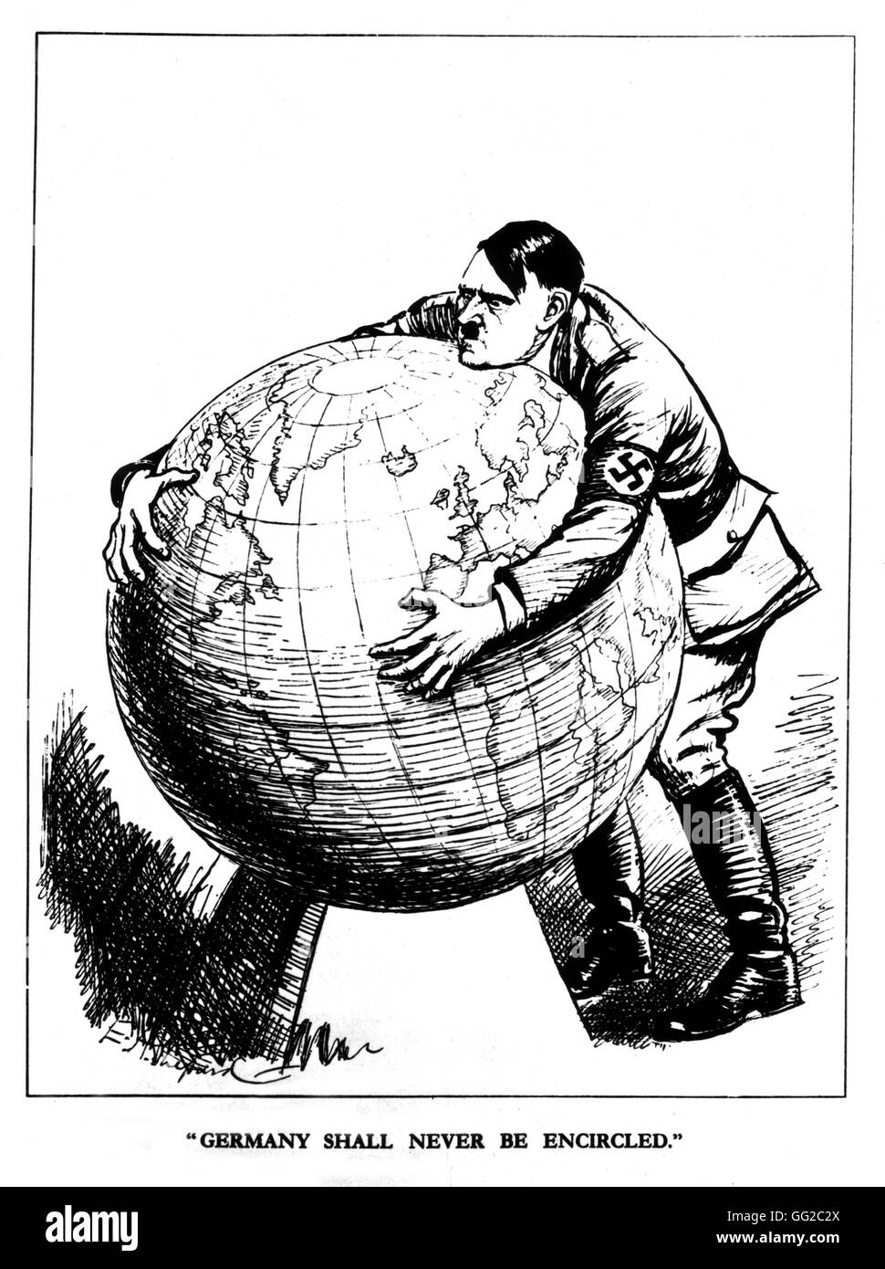 Satirische Cartoon veröffentlicht in 'Punch'. Hitler ist Grabing halten der Welt: "Deutschland wird nicht umgeben" 20. Jahrhundert Großbritannien Washington, Library of Congress Stockfoto
