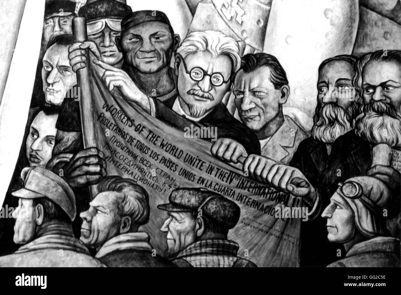 Fresko von Diégo Rivera. Léon Trotsky und der 4. internationalen vor allen Nationen der Welt. Auf der r, Karl Marx. Sekretariat der Volksaufklärung. Mexiko-Stadt. 1930-1940 Mexiko Foto Guermeur Stockfoto