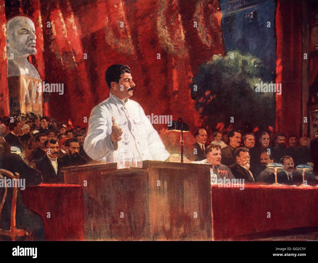 Stalin auf dem 6. Kongress der russischen kommunistischen Partei. Kupferstich von A. Gerossimov des 20. Jahrhunderts U.S.S.R. Stockfoto