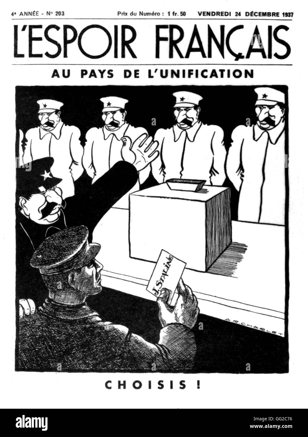 Anti-bolschewistischen satirische cartoon gegen Stalin in der Zeitung "L'Espoir Français" 1937 Frankreich Stockfoto