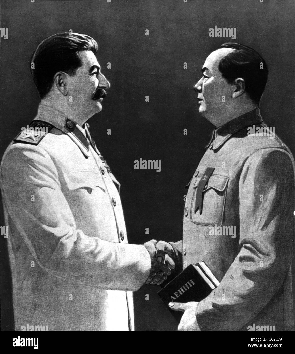 Propagandaplakat. Stalin und Mao: "lang lebe unzerstörbaren Freundschaft und Zusammenarbeit" c.1950 U.S.S.R. Stockfoto