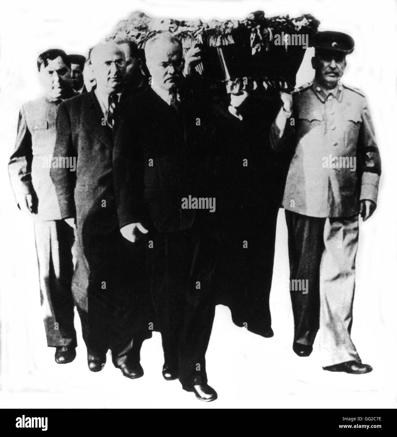 Kalinin Beerdigung. Von l. nach r., Malenkow, Beria und Stalin 1946 UdSSR Stockfoto