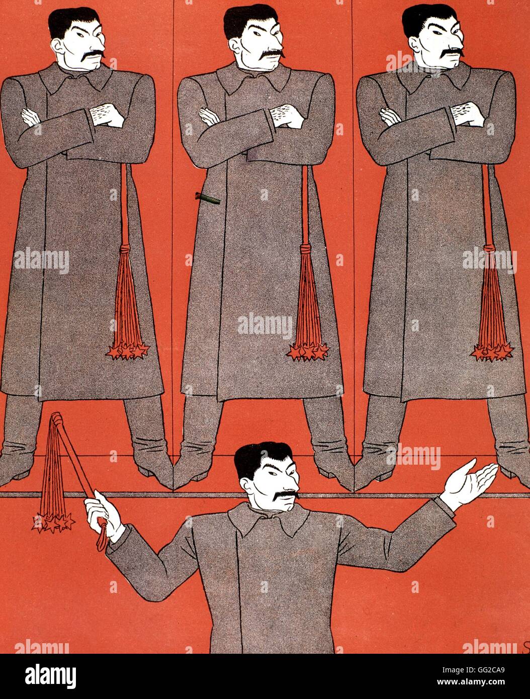 Satirische Cartoon von Schilling gegen Stalin.  30. Jahrestag des sowjetischen Staates: l., Führer der Komintern, in der Mitte das Staatsoberhaupt auf dem r. der Führer der kommunistischen Partei c.1935-1939 UdSSR Paris. Bibliothèque nationale Stockfoto