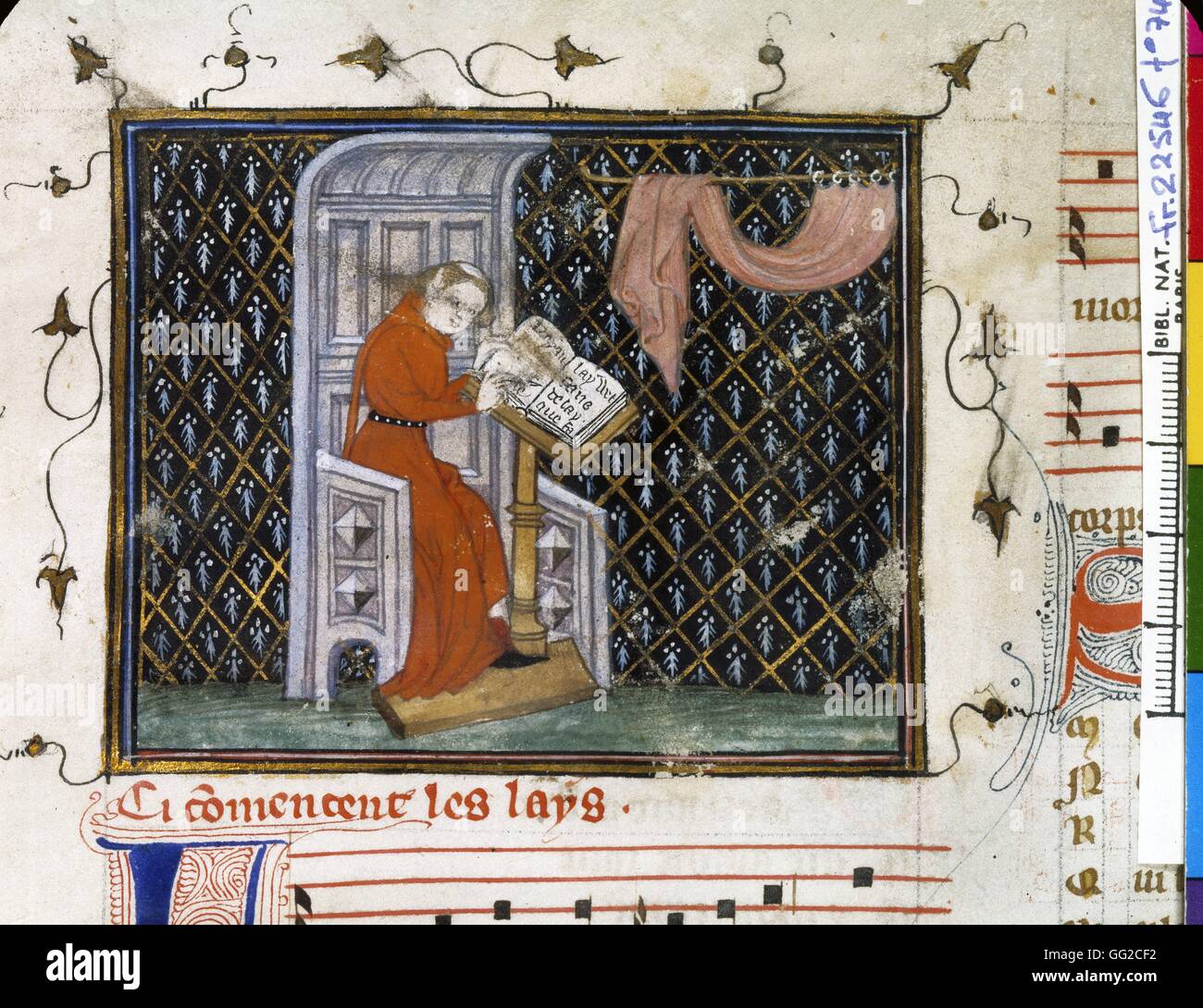Miniatur in "Dichter und Musiker". Guillaume de Machaut (1300-1377) schreiben "die neuen höfische Liebesgedichte" Frankreich 14. Jahrhundert Stockfoto