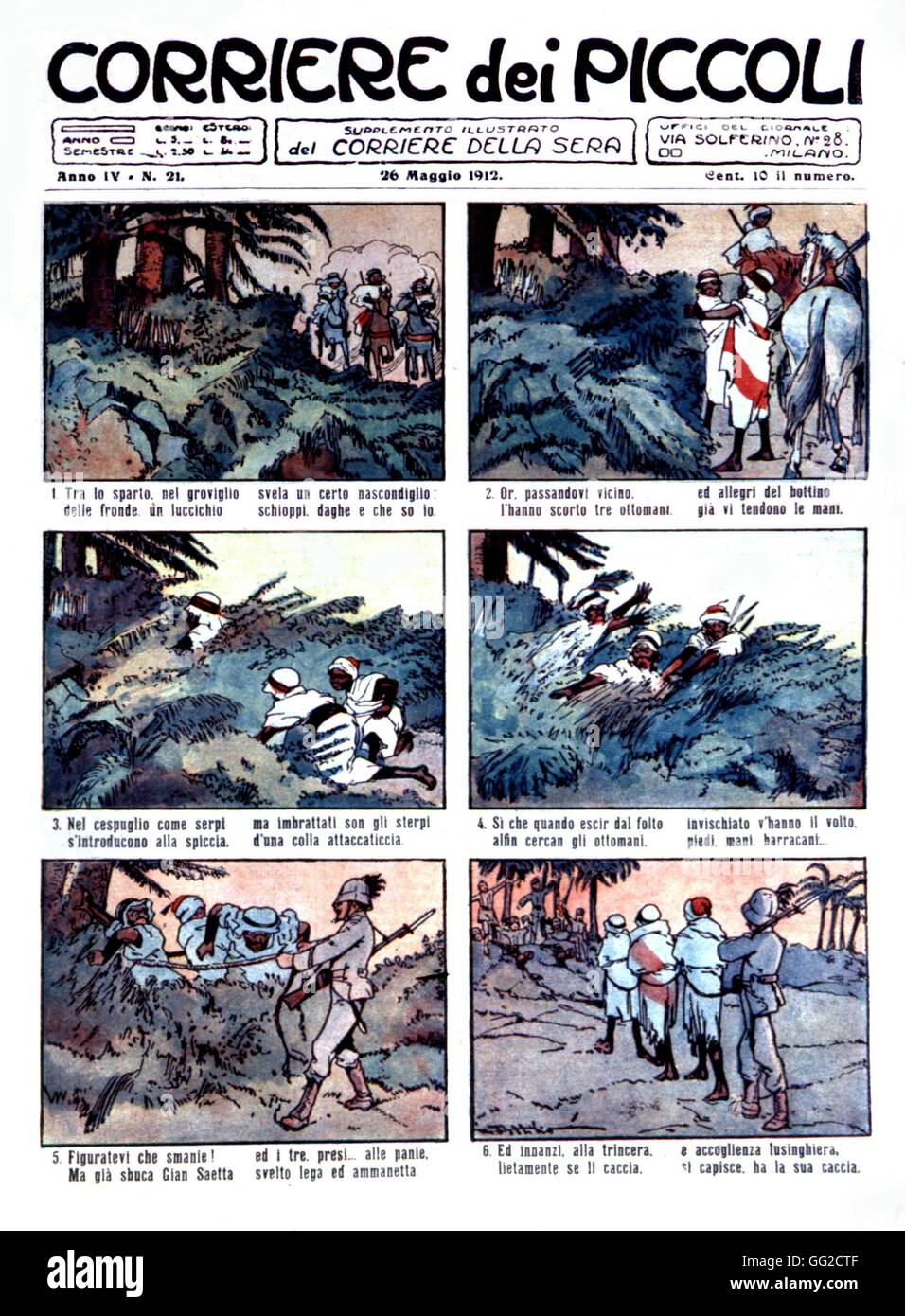 Corriere dei Piccoli, Zeitung erzählt Kindern die Abenteuer des italienischen Soldaten in Libyen 1912 Italien - Besiedlung von Libyen Stockfoto