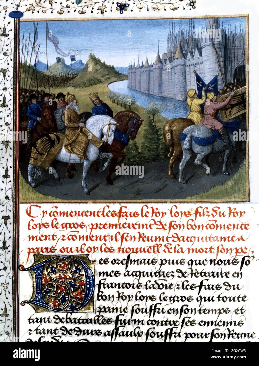 Chroniken von Saint-Denis. Miniatur von Jean Fouquet. Louis VII (König von Frankreich von 1137 bis 1180) Eingabe von Constantinople. Begleitet wird er von Konrad III. während des Kreuzzuges von St. Bernard, 2. Kreuzzug 15. Jahrhundert gepredigt Frankreich Stockfoto