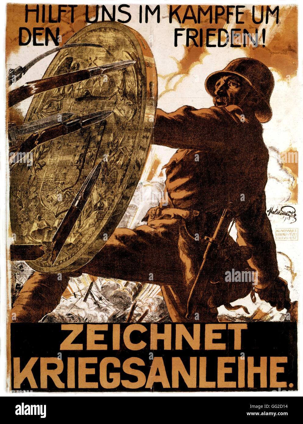 Ungarische Soldaten schützen sich gegen die Feinde hinter einer riesigen Münze Poster von 1918 London, Imperial War Museum Stockfoto