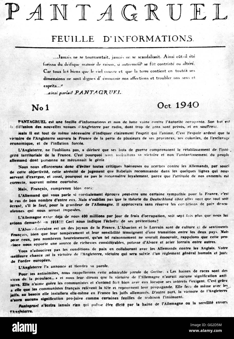 Pantagruel: heimliche Zeitung der Résistance in Paris Oktober 1940 Frankreich - Weltkrieg Stockfoto