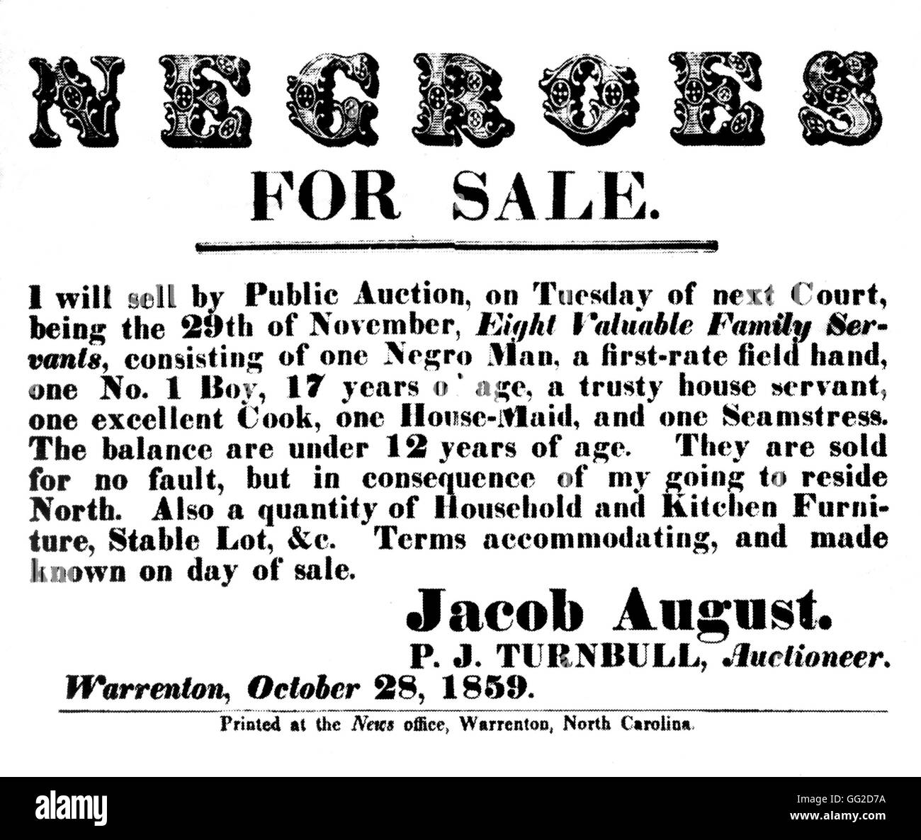 Flyer kündigt eine Slave-Verkauf 1859-USA Stockfoto