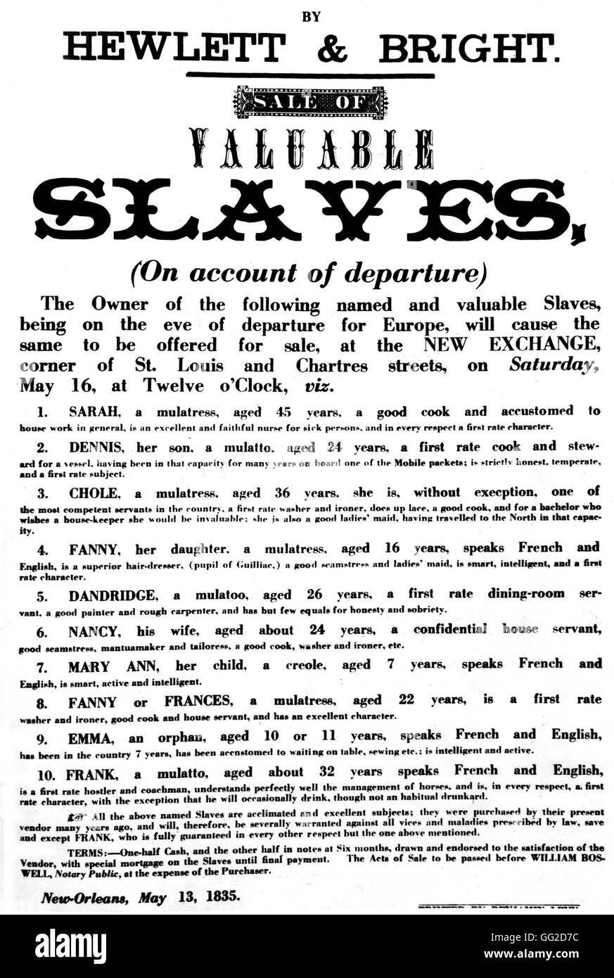 Plakat kündigt einen Slave Verkauf 1835 USA New York Historical Society Stockfoto
