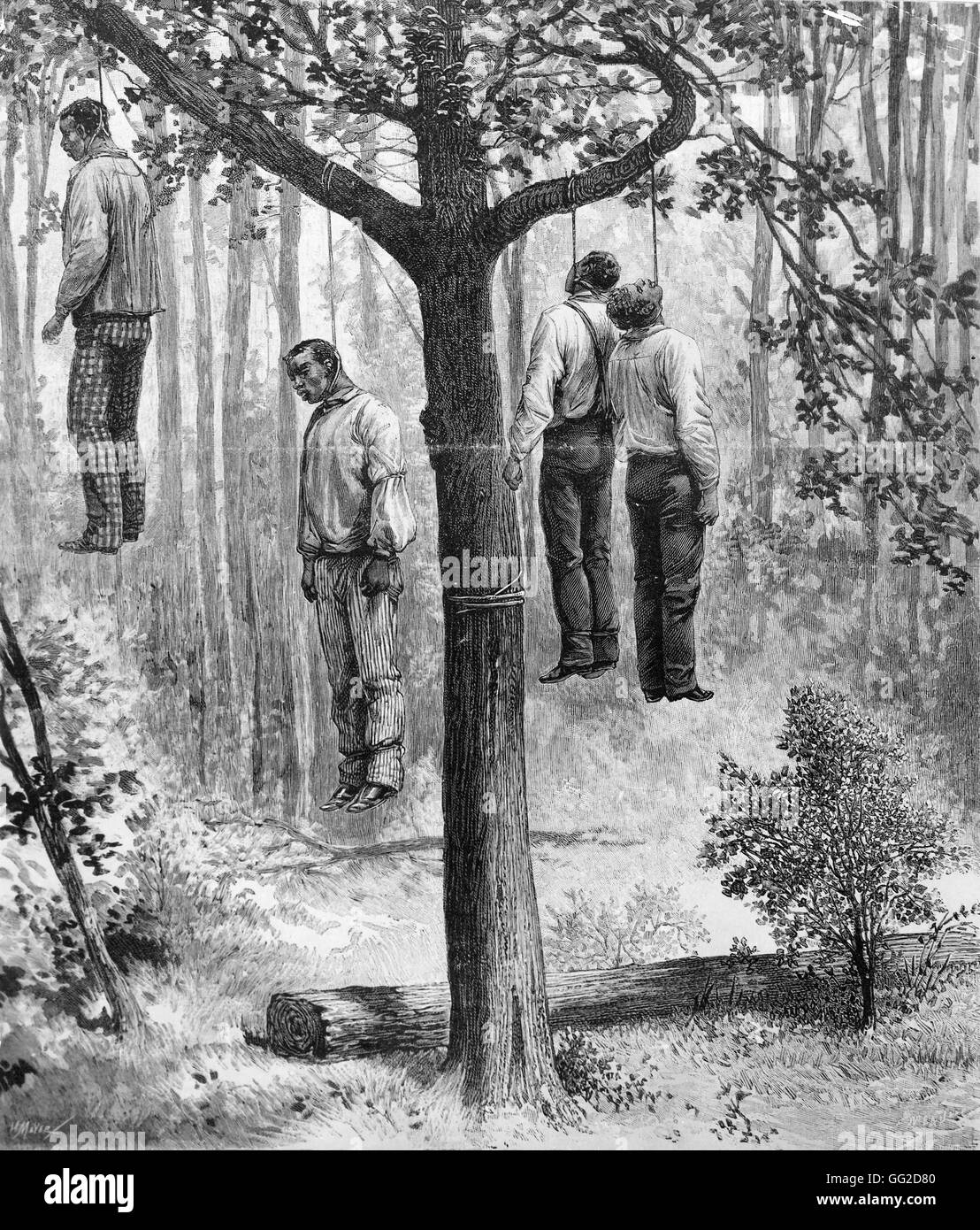 Lynchen Szene in den Vereinigten Staaten. 4 schwarze hing USA 1892 Stockfoto