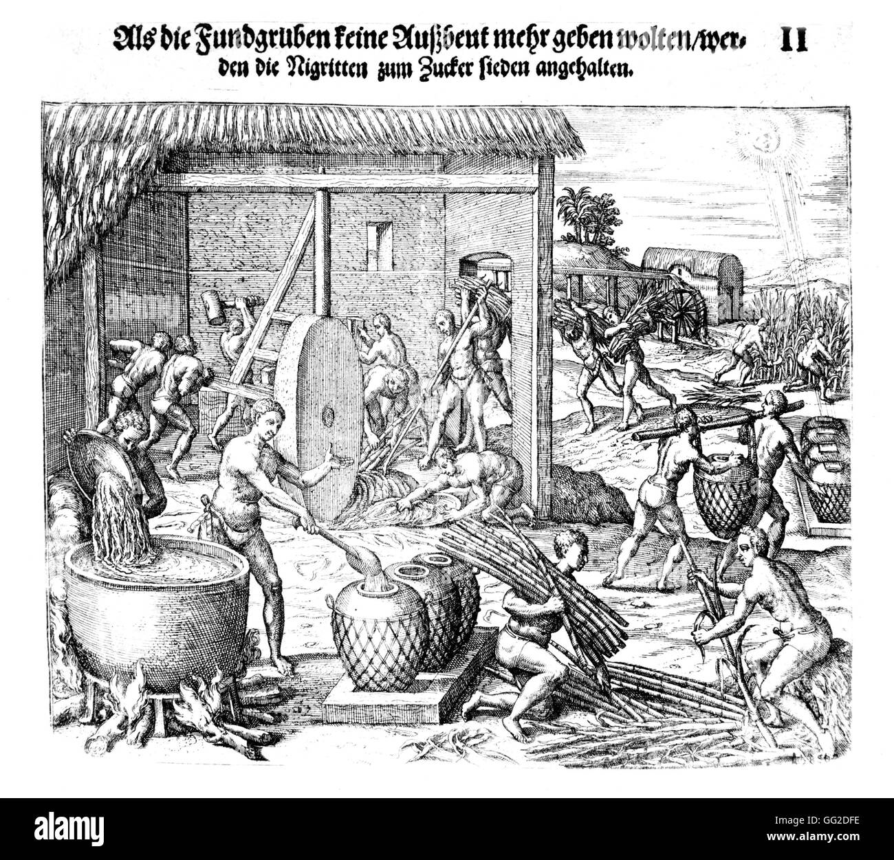 Amerikanische schwarze Sklaven arbeiteten die Spanier den Zucker Mühlen 1540-Amerika Stockfoto